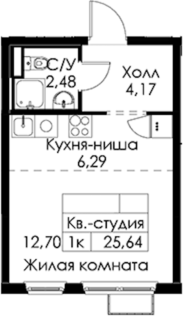 Квартира студия 25.64 м², 3/15 эт., ЖК «Янинский лес»